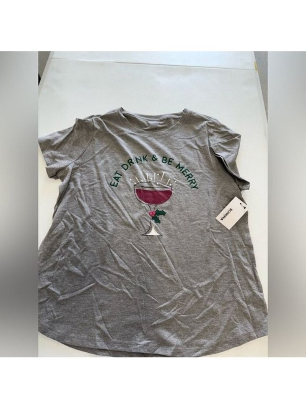 Sonoma Women’s L Eat Drink Be Merry Christmas Holiday Graphic Tee Gray NWT